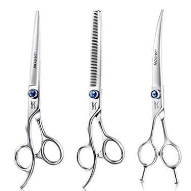 Imagem de JASON Conjunto de tesouras para cães para canhotos de 17,78 cm, mistura ergonômica 3 em 1, curva e reta para aparar pelos de animais de estimação, kits profissionais com cabo deslocado e parafuso de