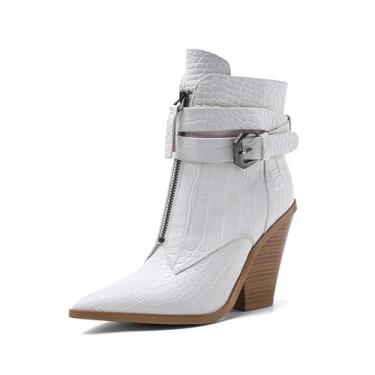 Imagem de Rock88 Botas femininas com estampa de crocodilo, botas de cano curto com fivela e salto grosso, botas curtas com zíper para festas e passeios, branca, 35