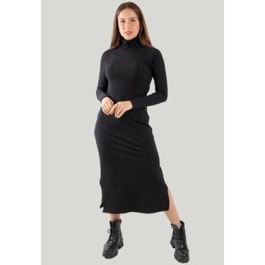 Imagem de Vestido Midi Gola Alta Manga Longa Canelado Inverno - Diluxo, G, Preto