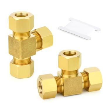 Imagem de GASHER Conector de encaixe de tubo de compressão de latão 2 peças, T, conector OD de tubo de 14 mm x 14 mm x 14 mm