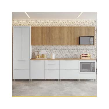 Imagem de Cozinha Completa em MDF Nesher Paris Ripada com 340 cm de Largura, 9 Portas, 7 Gavetas e 13 Prateleiras - Branco/Nature