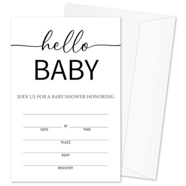 Imagem de mermermu Convites de festa de chá de bebê Hello Baby para meninos e meninas, cartões de convite de anúncio de bebê, 25 conjuntos de convites de chá de bebê com envelopes, suprimentos de festa de