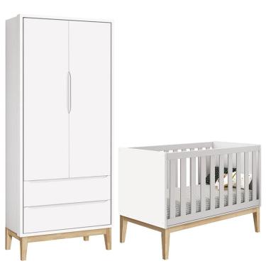 Imagem de Berço Americano e Guarda Roupa Classic 2 Portas Branco com Pés Madeira Natural – Reller