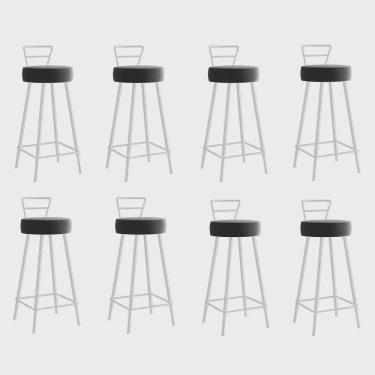 Imagem de Kit 08 Banqueta Alta Com Encosto Tina Eiffel Cozinha Bar Bistrô Ferro Branco Corino Cinza - Ahazzo Móveis