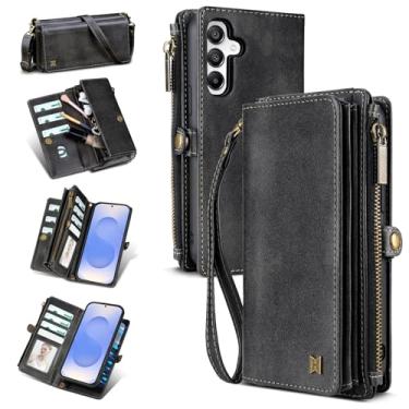 Imagem de QIXIU Capa carteira para Samsung Galaxy S25 (comporta batom, fones de ouvido, etc.), capa de telefone magnética portátil multifuncional de couro sintético com bloqueio RFID, alça de ombro e alça de