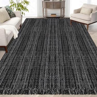 Imagem de Fixseed Tapete trançado boêmio para ambientes internos e externos, lavável com borlas de cozinha, 15 x 22 cm, preto e branco listrado, tapete de algodão, decoração de casa de fazenda, reversível,