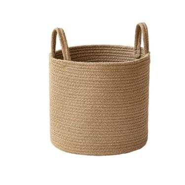 Imagem de PY3H69 Cesta de roupa suja feita à mão com alça dobrável para armazenamento de cosméticos, cestas de armazenamento de linho de algodão, organizador de brinquedos de roupas (C - 15,4 * 13,8 pol/39 * 35