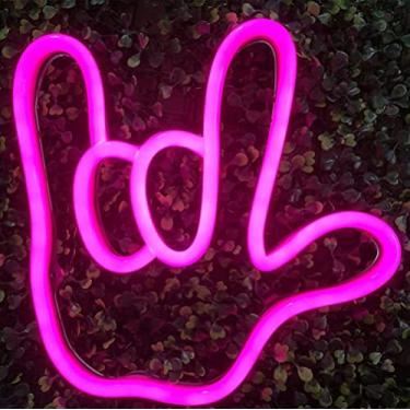 Imagem de AZHU Placa neon LED Love Gesture, I Love You, gesto dedo e palma da mão, decoração de parede, luzes noturnas para quarto, sala de estar, Natal, festa como presente infantil (rosa)