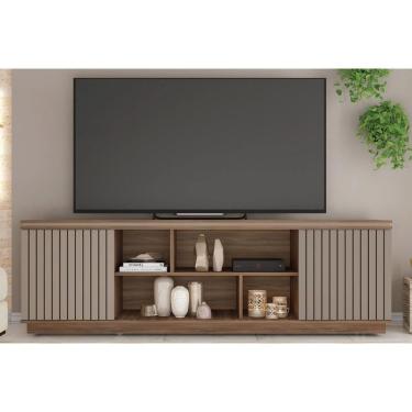 Imagem de Rack Bancada p/ TV até 75 Pol Simetria c/ Nichos e Rodizios 180cm Nogueira San Remo/Fendi - Caemmun