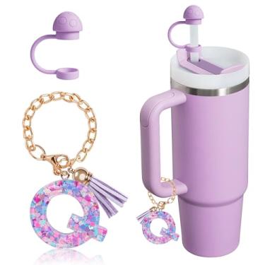 Imagem de HaimiLiya Capa de canudo com corrente de copo com letra inicial para acessórios Stanley Cup, tampa de palha de 10 mm, pingente de copo fofo, roxo