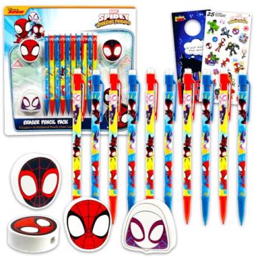Imagem de Conjunto de 10 lápis mecânicos Spidey and His Amazing Friends para sala de aula – Pacote de material escolar com 10 lápis, 4 borrachas, mais adesivos, mais | Aranha e amigos material escolar para