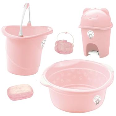 Imagem de Kit Adoleta 5 Peças Enxoval Bebê Bacia Balde Saboneteira Lixeira e Porta Chupeta (Rosa)