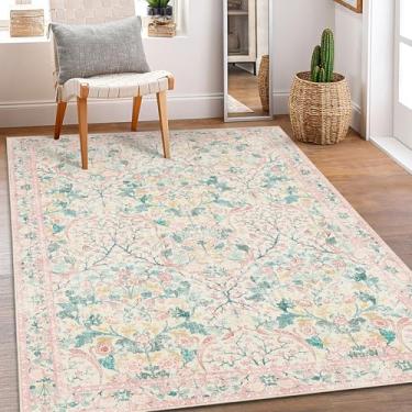 Imagem de MUJOO Tapete rosa 3x5 lavável, tapete floral para quarto, escritório, entrada, sala de estar, cabeceira, pequeno, boho, antiderrapante, piso interno, botânico, vintage, ultrafino