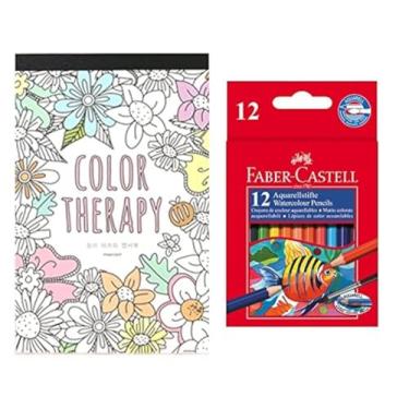 Imagem de Conjunto de 32 designs para colorir para adultos e relaxamento, terapia de cores para alívio de estresse, incluindo aquarela Faber Castell Aquarell (12 cores), mini lápis de presente