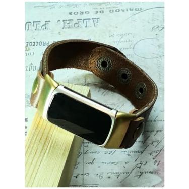 Imagem de FTWIND Compatível com Fitbit Charge 6 / Charge 5, pulseira de couro legítimo, retrô, vintage, feita à mão, marrom, fecho de pressão ajustável, pulseira estilo pulseira para homens e mulheres, serve em