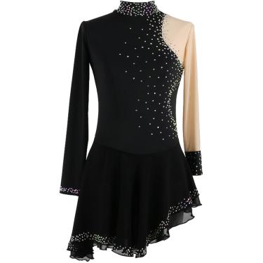 Imagem de Crianças Meninas Mangas Compridas Figura Vestido De Patinação No Gelo, Adultos Competição Gola Alta Brilhante Strass Desempenho Collant Balé Ginástica Dancewear, Black, XXL
