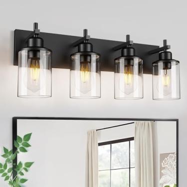 Imagem de Lanhall Luminária De Banheiro Preta De 4 Luzes Sobre Espelho, Moderna, Estilo Fazenda, Iluminação De Parede Vintage Com Cúpula De Vidro Transparente Para Banheiro, Quarto, Corredor, Armário