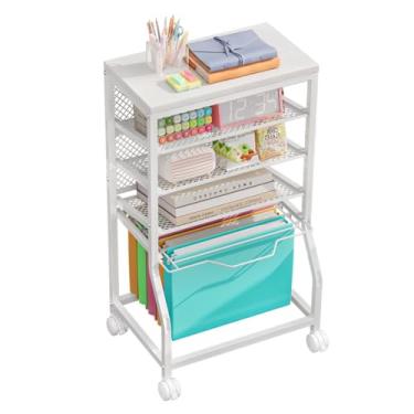 Imagem de INGIORDAR Carrinho de arquivo com rolamento, organizador sob a mesa com rodas bloqueáveis e bandejas deslizantes de malha, carrinho multifuncional para escritório, casa, escola (branco, 5 camadas)