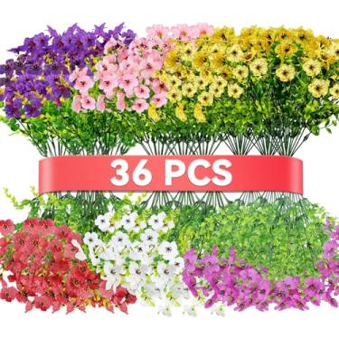 Imagem de 36 pacotes de flores artificiais para decoração ao ar livre, flores violetas artificiais resistentes a UV com folhas de eucalipto, para varanda externa, quintal, decoração de pátio (36, várias cores)