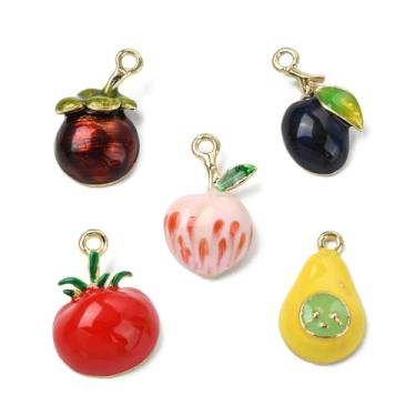 Imagem de UR URLIFEHALL 10 peças, 5 estilos, pingentes esmaltados, frutas, legumes, tomate colorido, pêssego, pera, pingentes para fazer você mesmo, colar, pulseira, brincos, joias