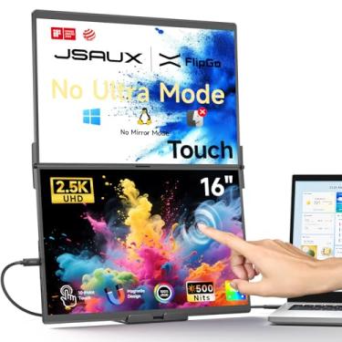 Imagem de JSAUX Monitor portátil duplo FlipGo Touchscreen de 16 polegadas 2,5 K, extensor de tela IPS para laptop triplo | Tela HiDPI | Um cabo para tela dupla | HUB integrado | Design magnético para Windows