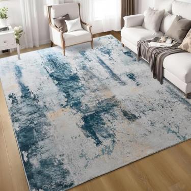 Imagem de Tapete para sala de estar, 17 x 25 cm, azul aqua, lavável à máquina, abstrato, boho, grande, antiderrapante, antiderrapante, lã sintética, tapete vintage para quarto, sala de aula, sala de jantar