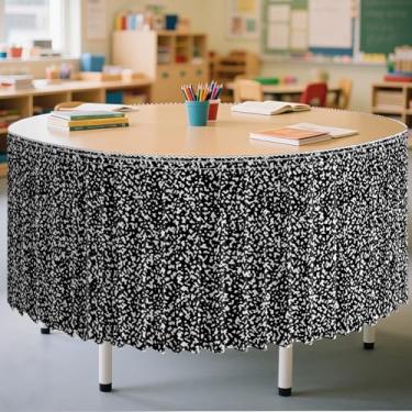Imagem de Saia de mesa preta e branca de 3 m, saia de mesa de professor com babados para decoração de sala de aula, saia para mesa em formato de rim, material de festa de volta às aulas, jardim de infância