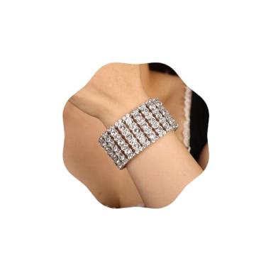 Imagem de wekicici Pulseiras elásticas de cristal de casamento para mulheres, brilhantes e prateadas, com strass, pulseiras elásticas de cristal para festas noturnas, joias de festa nupcial
