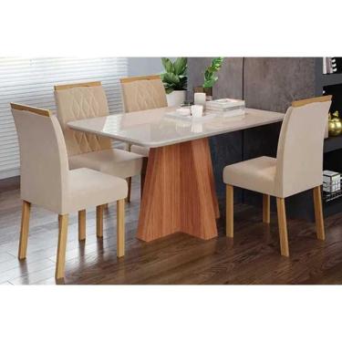 Imagem de Conjunto: Mesa de Cozinha Maitê Tampo Madeirado c/ Vidro 130x80cm e 4 Cadeiras Juliana Cinamomo/Off White - Carvalho/Suede Nude Bege - Cimol