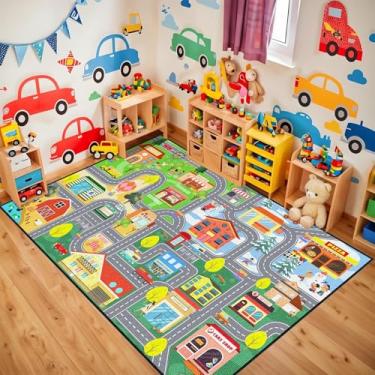 Imagem de Jiospet Tapete de carro para sala de jogos infantil - Tapete de estrada para quarto de meninos, tapete de brincar com trilhos de estrada, tapete de brincar de carro, 6 x 10 cm