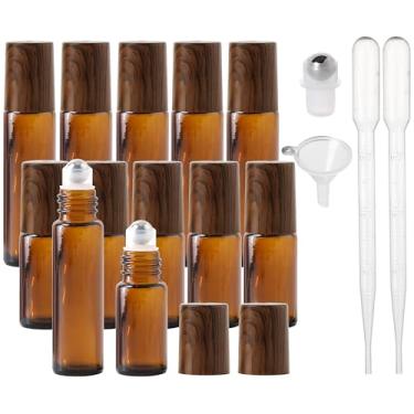 Imagem de SESENSE Frascos de rolo de óleo essencial, 4 peças (10 ml e 5 ml) frascos de vidro com abridor de funil e conta-gotas, ferramentas de beleza e cuidados pessoais, Âmbar, 12 Pack