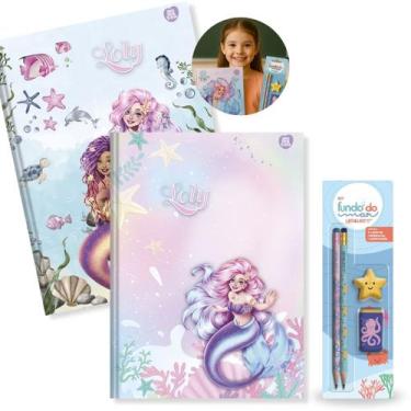 Imagem de Caderno Brochura Capa Dura Grande Sereias 2un 80 fls + Kit Escolar Fun