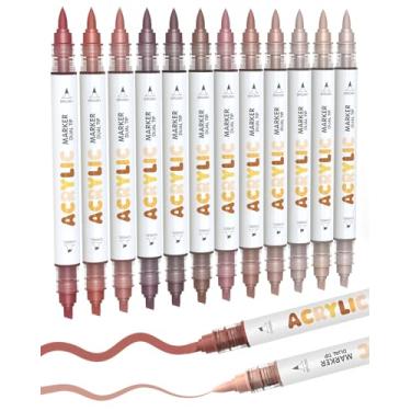 Imagem de Guangna Marcadores de tinta acrílica de ponta dupla de 12 cores, canetas de tinta acrílica com ponta de pincel marrom vermelho para pintura rupestre, madeira, vidro, papel, livro de colorir, cerâmica