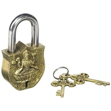 Imagem de Purpledip Cadeado antigo de latão feito à mão com ídolo Maa Laxmi, médio (10465)