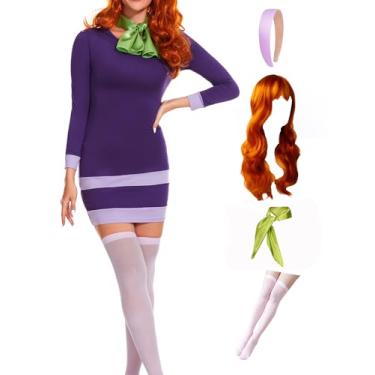 Imagem de CVCPP Conjunto feminino de 5 peças, fantasia de Halloween Daphne, manga comprida, colado ao corpo, roxo, com peruca, cachecol, faixa de cabeça, meias Ct03-01-S