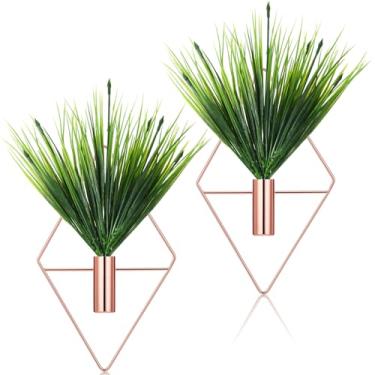 Imagem de Canlierr 2 peças de decoração de parede com plantas artificiais, vaso suspenso de metal, suporte de plantas internas, arte moderna de parede boho para banheiro, quarto, sala de estar (ouro rosa