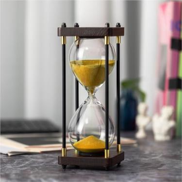 Imagem de ELAINESTORE Temporizador de ampulheta de 60 minutos, moldura de madeira metálica decorativa para areia (areia dourada, tamanho grande)