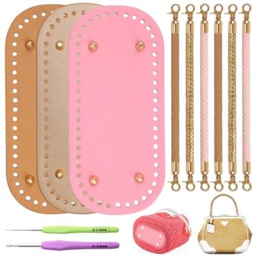 Imagem de Coitak 3 + 6 bases de bolsa para crochê com alças trançadas para fazer bolsas, 2 agulhas de crochê, 3 cores de calça de couro para crochê, alças de bolsa de 30 cm (rosa, dourado, cáqui)