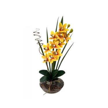 Imagem de Arranjo De Flores Artificiais Decorativas Orquidea Artificial Luxo Realista Para Casa Escritorio Decoracao Sustentavel(Amarela)