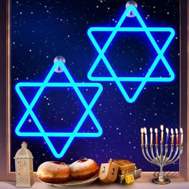 Imagem de Decorações de Hanukkah Luzes de janela neon azul estrela de Davi, bateria de 30,5 cm e chanucá alimentado por USB, luzes LED neon com temporizador para judeus, judaísmo, sinagoga, Páscoa, Shabat