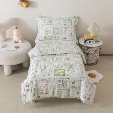 Imagem de Caressma Jogo de cama infantil branco - jogo de cama de 4 peças inclui edredom, lençol com elástico, lençol de cima e fronha - estampa de desenho animado fofo para meninos e meninas
