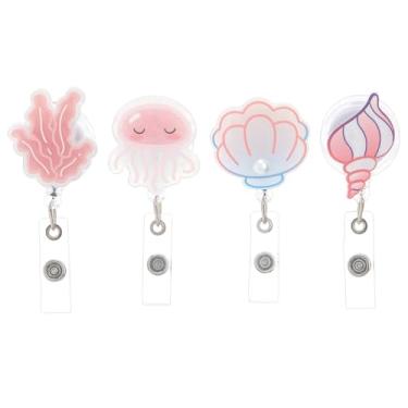 Imagem de SUPERFINDINGS 4 peças, 4 estilos, carretel retrátil de acrílico, suporte para crachá de enfermeira rosa fofo com clipe, tema mar, praia, porta-cartões de identificação, clipe retrátil para professores