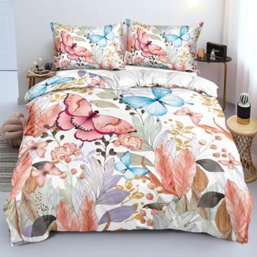 Imagem de CCoutueChen Capa de edredom de borboleta rosa, tamanho Queen, conjuntos de cama floral para mulheres, homens e crianças, flores modernas, estética, conjunto de capa de edredom com fecho de zíper