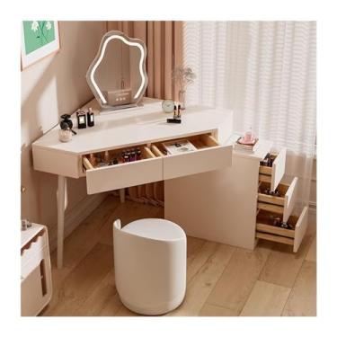 Imagem de Escrivaninha de penteadeira Toucador moderno, toucador de canto branco, espaço pequeno com espelho e 5 gavetas(Médio)
