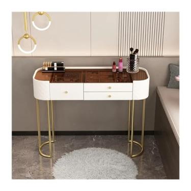 Imagem de Escrivaninha de penteadeira Mesa de vaidade simples e moderna com 2 gavetas vidro superior mesa maquiagem branca para escritório em casa, quarto(Médio)
