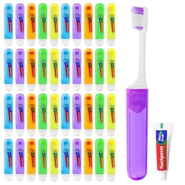 Imagem de Lilingsty Conjunto de escova de dentes e pasta de dente para viagem, embalado individualmente, inclui estojo de armazenamento, design dobrável, 5 cores, ideal para viagens de negócios e hotéis (pacote