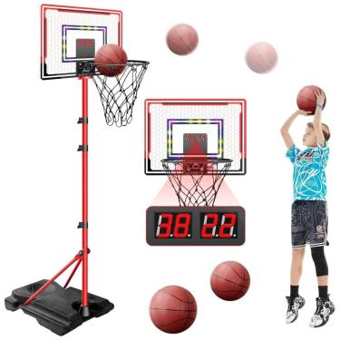 Imagem de Cesta de Basquete Interno e Externa com 2 Bolas, Placar Eletrônico e Altura Ajustável de 1 Metro a 1,8 Metros para Crianças de 3 a 8 Anos