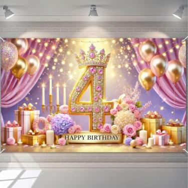 Imagem de HOMETITUTE Decoração de fundo de 4º aniversário para meninas, faixa de fundo de festa de princesa com balões, flores e velas, faixa de aniversário, férias ao ar livre, para fundos de fotografia 180 x