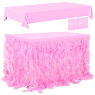 Imagem de FoldTier Saia de mesa de tule arco-íris de 1,8 m e 4 toalhas de mesa de plástico para mesa retangular tutu com organza encaracolada de camada dupla para sereia unicórnio festa de aniversário chá de