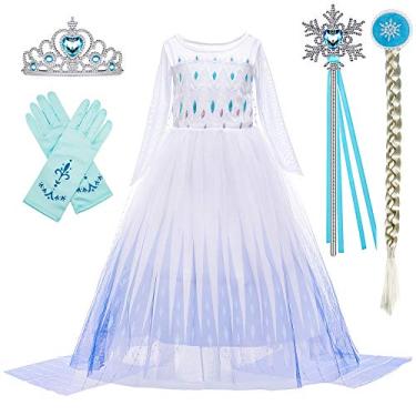 Imagem de BanKids Snow Queen Act 2 fantasias vestidos de princesa para meninas com peruca, coroa, varinha mágica, acessórios de luvas de 6 a 7 anos (130, K11)